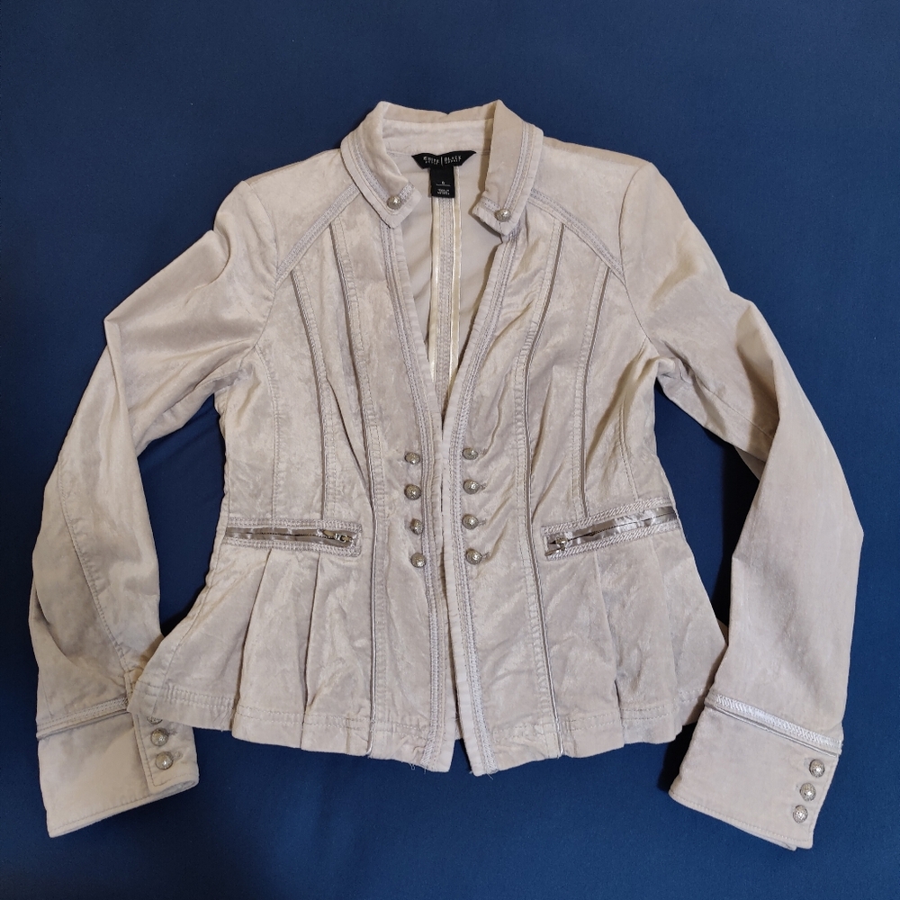 White House Black Market Regimental Light Grey Velvet Jacket • size 6